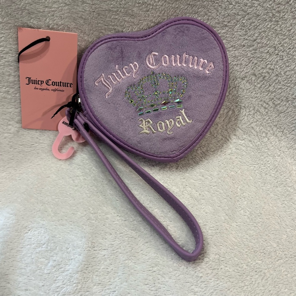 Juicy Couture Purple Heart Wristlet | Zip-Around Coin Purse | Bling Crown Logo